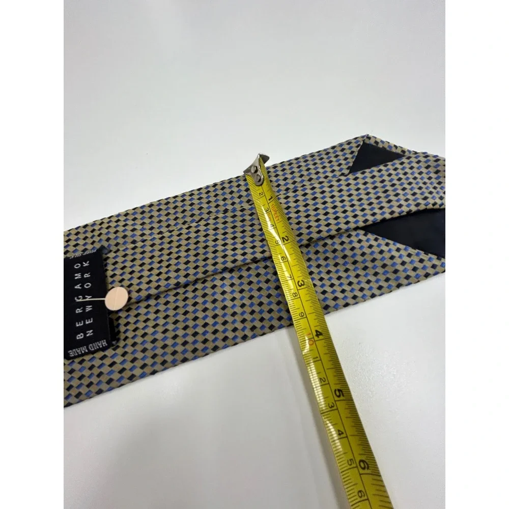 Bergamo New York Pure Silk Tie Vintage Geometric Blue Taupe Handmade Necktie